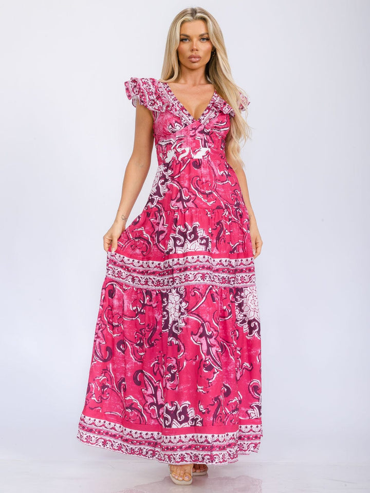 WOMEN'S RUFFLE SLEEVE V-NECK TIERED MULTI PRINT MAXI DRESS