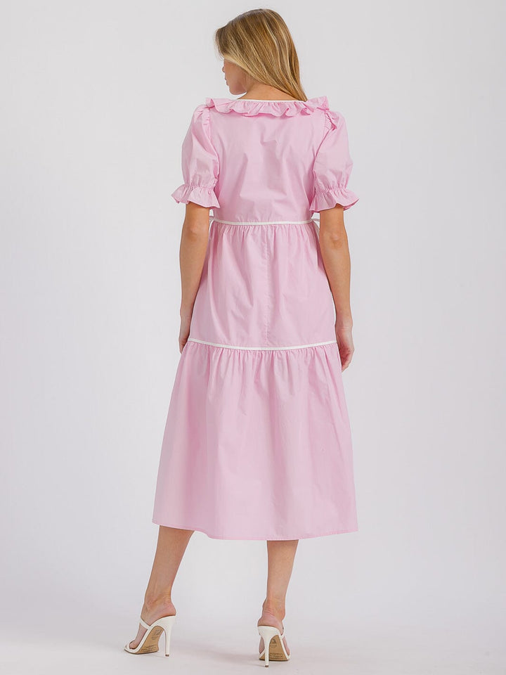 WOMEN'S SHORT SLEEVES RUFFLE NECK TIERED MAXI DRESS