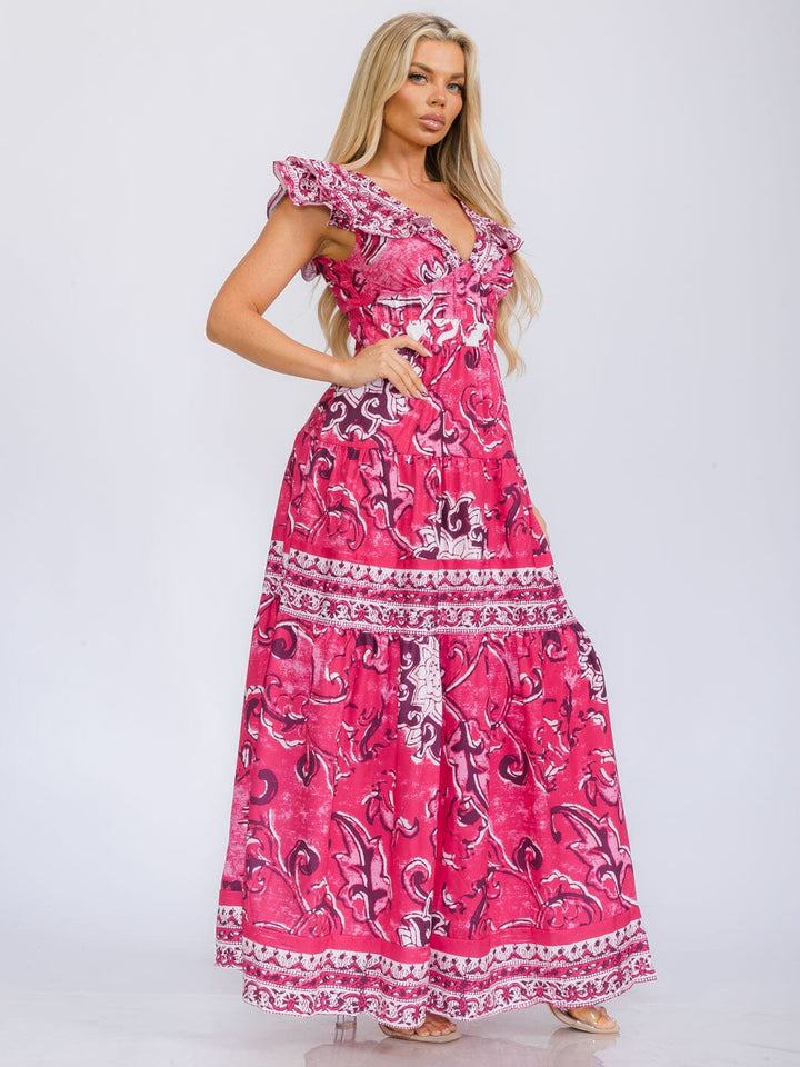 WOMEN'S RUFFLE SLEEVE V-NECK TIERED MULTI PRINT MAXI DRESS
