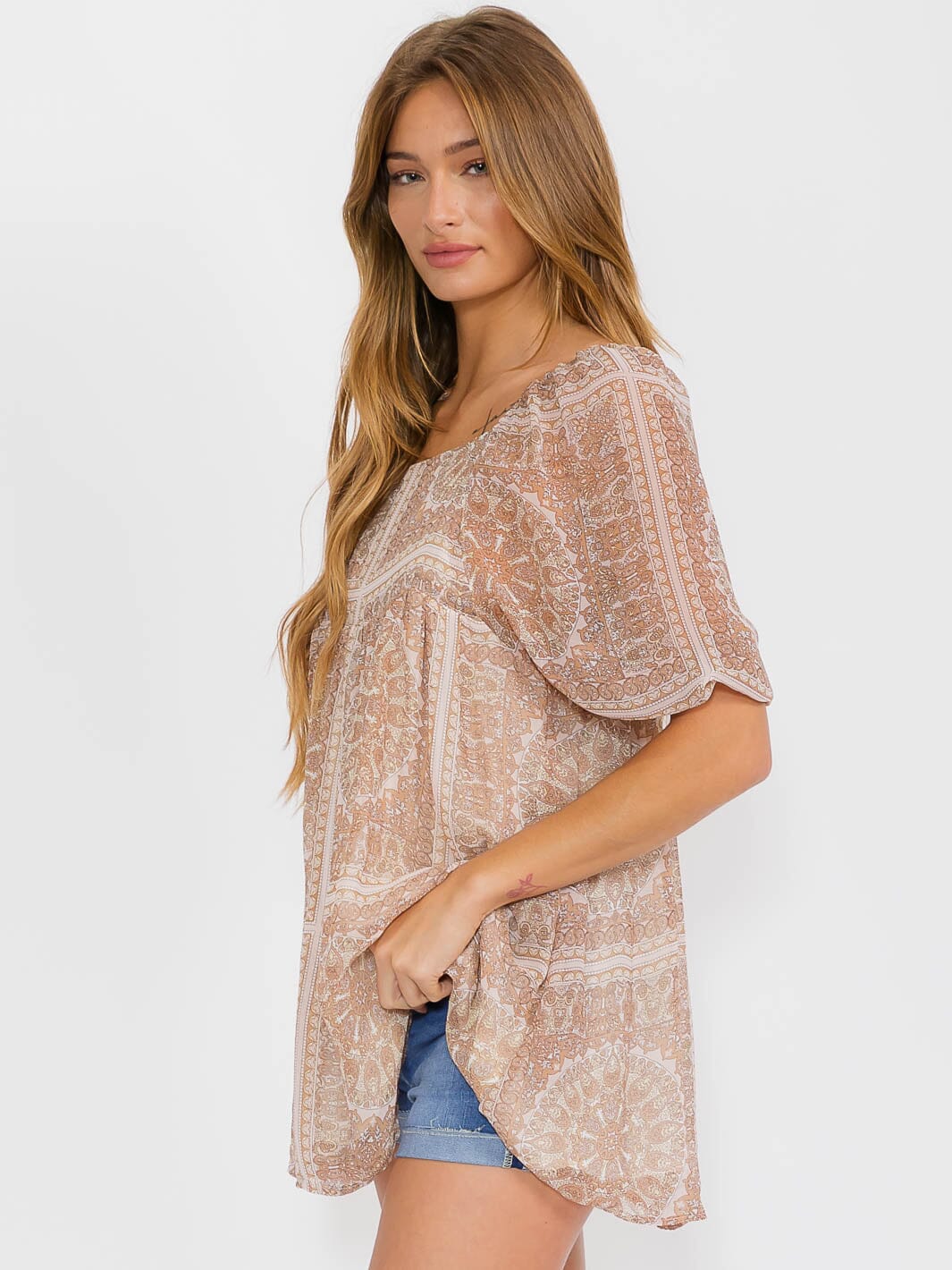 WOMEN'S SHORT SLEEVE SQUARE NECK MULTI PRINT TUNIC BLOUSE