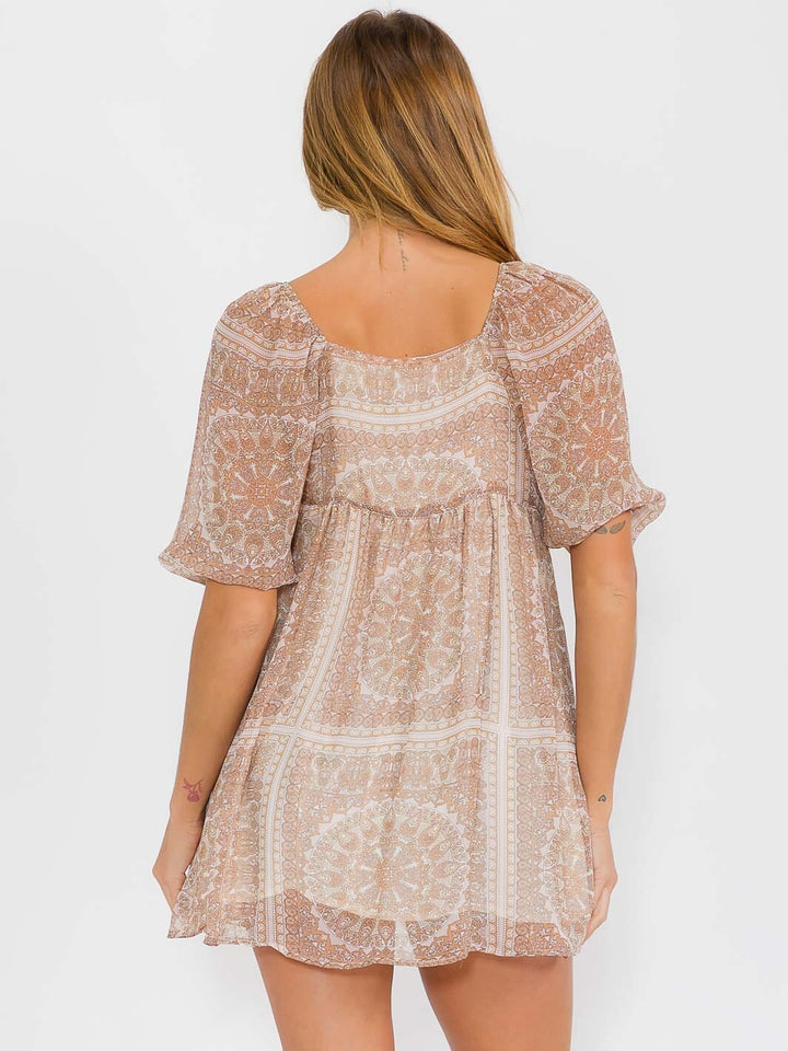 WOMEN'S SHORT SLEEVE SQUARE NECK MULTI PRINT TUNIC BLOUSE