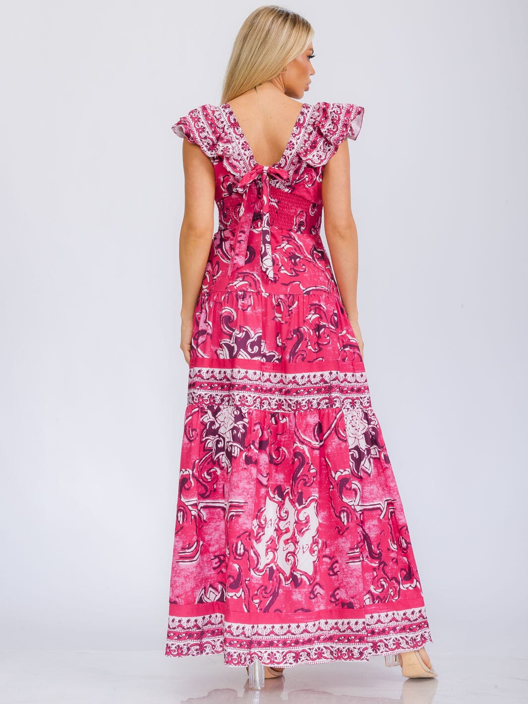 WOMEN'S RUFFLE SLEEVE V-NECK TIERED MULTI PRINT MAXI DRESS