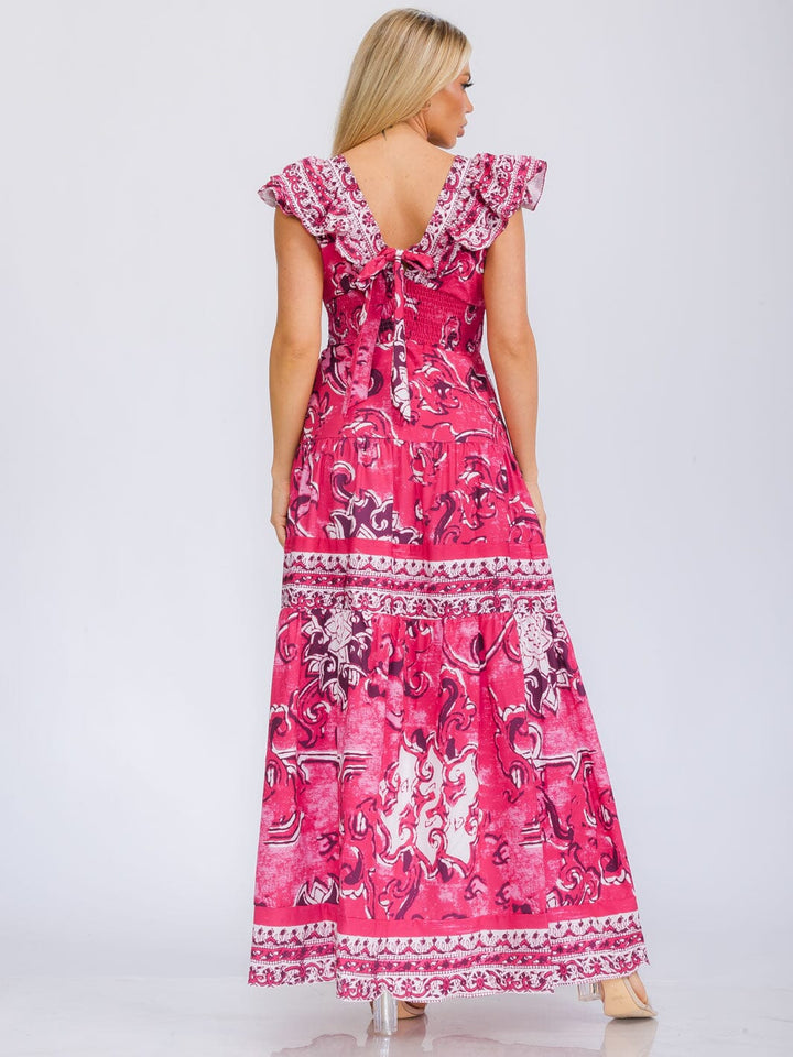 WOMEN'S RUFFLE SLEEVE V-NECK TIERED MULTI PRINT MAXI DRESS
