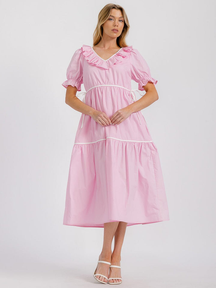 WOMEN'S SHORT SLEEVES RUFFLE NECK TIERED MAXI DRESS