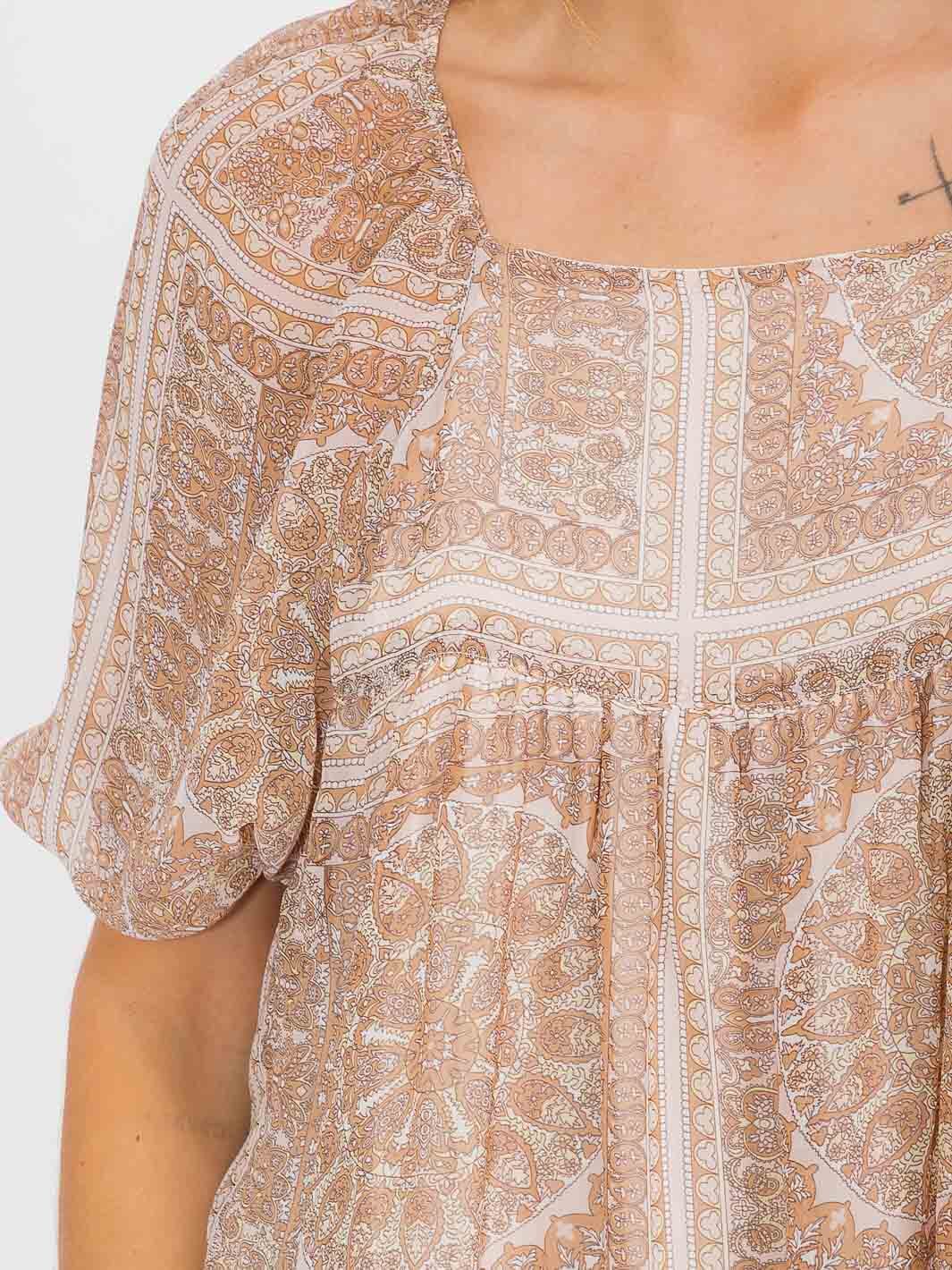 WOMEN'S SHORT SLEEVE SQUARE NECK MULTI PRINT TUNIC BLOUSE