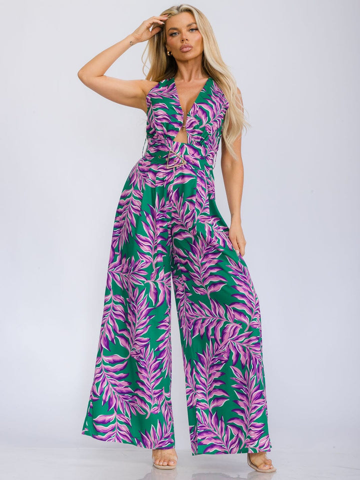 WOMEN'S SLEEVELESS V-NECK BELTED LEAF PRINT WIDE LEG JUMPSUIT