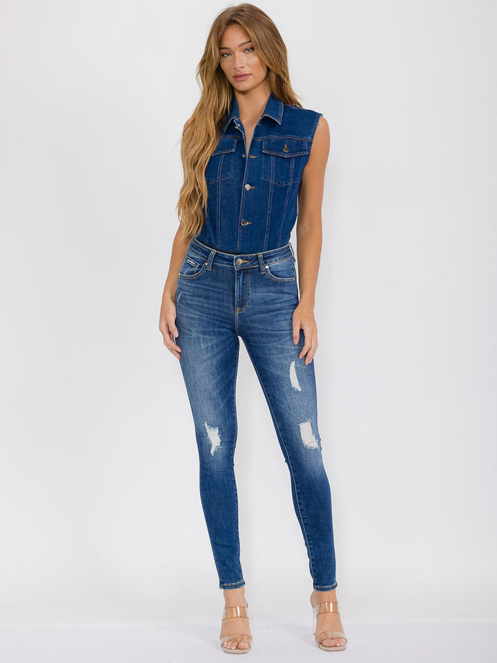 WOMEN'S SLEEVELESS BUTTON UP FRONT POCKETS DENIM BODYSUIT