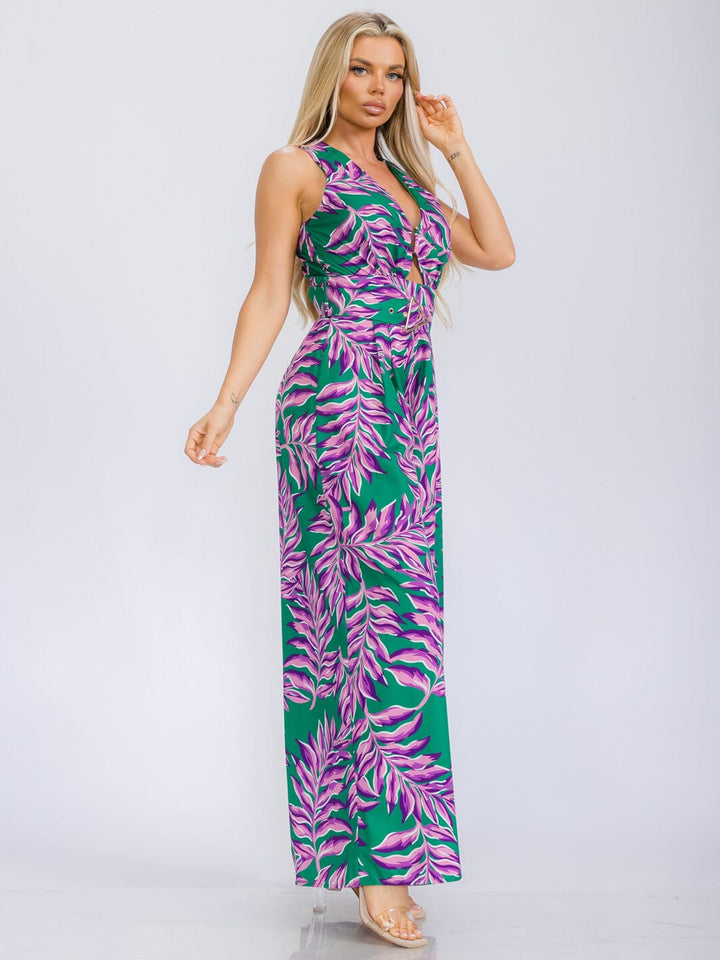 WOMEN'S SLEEVELESS V-NECK BELTED LEAF PRINT WIDE LEG JUMPSUIT
