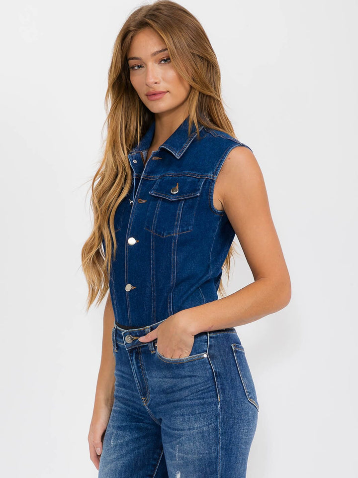 WOMEN'S SLEEVELESS BUTTON UP FRONT POCKETS DENIM BODYSUIT