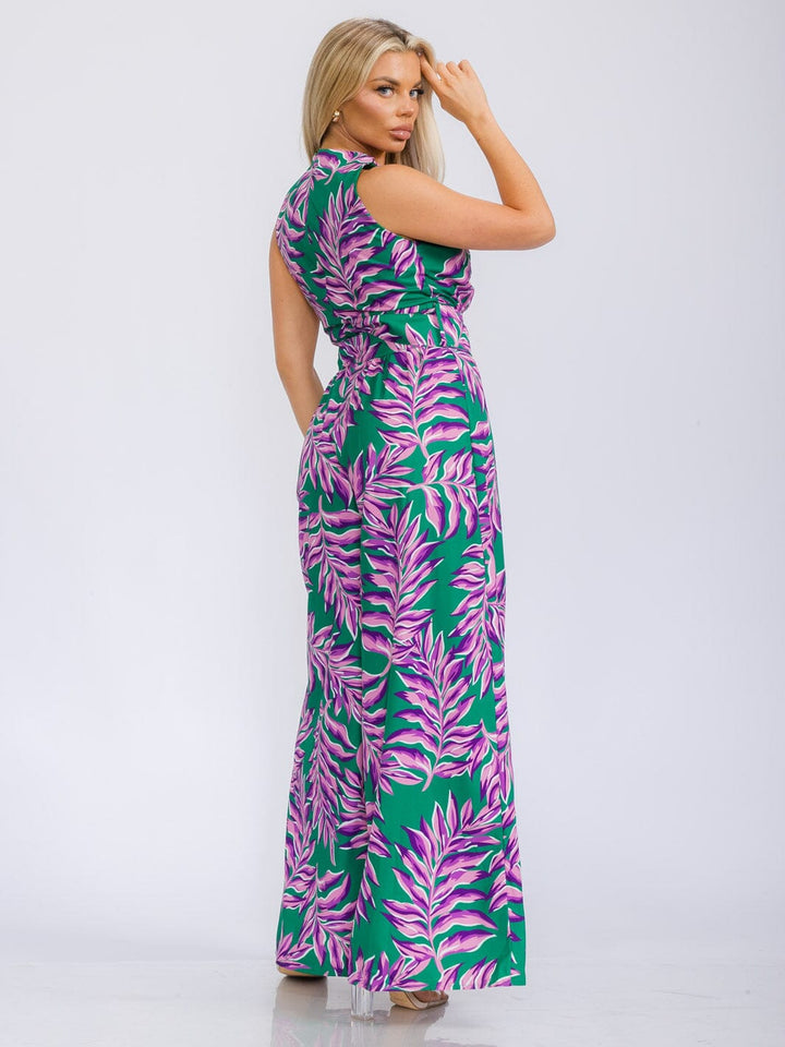 WOMEN'S SLEEVELESS V-NECK BELTED LEAF PRINT WIDE LEG JUMPSUIT