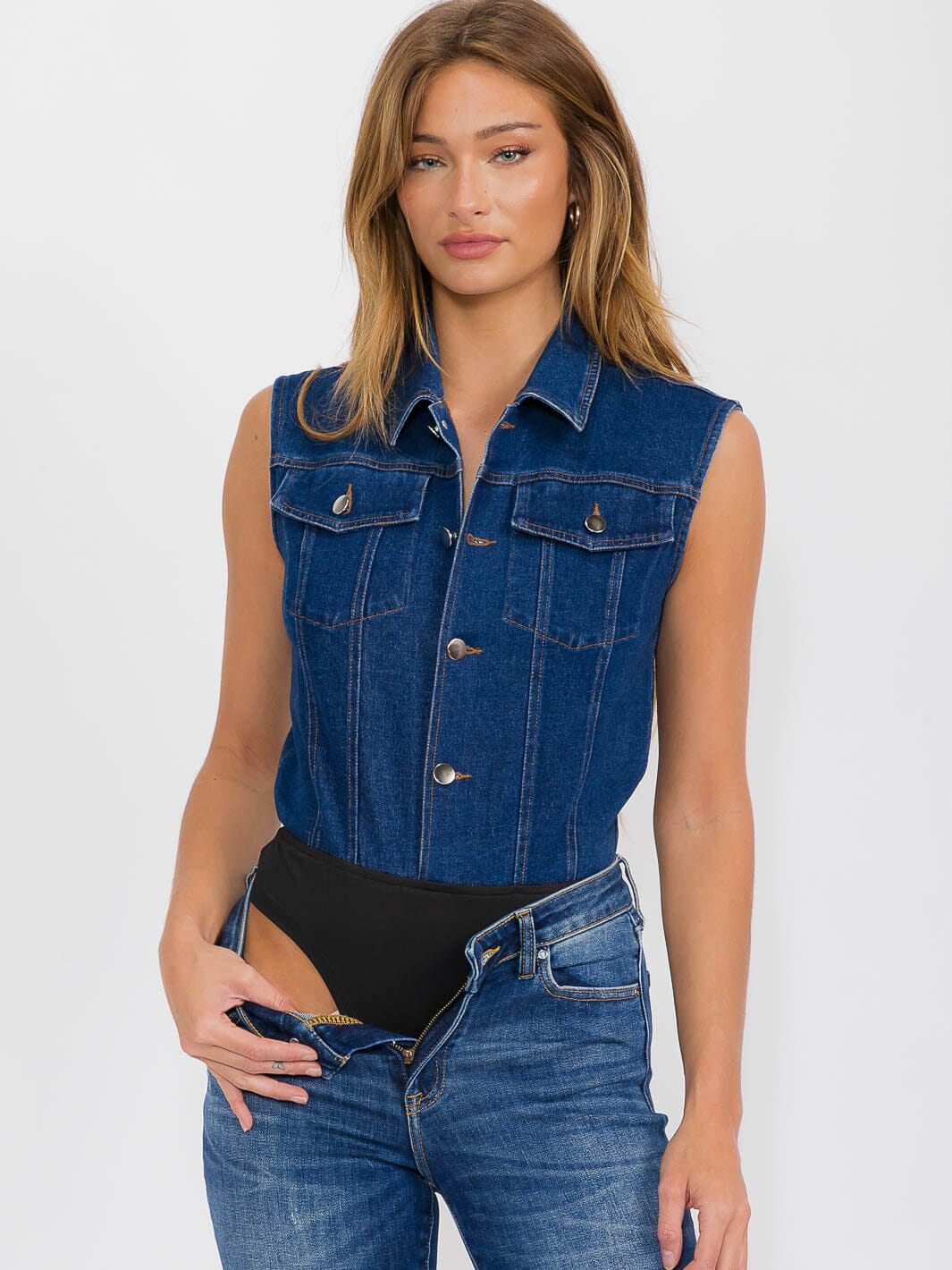 WOMEN'S SLEEVELESS BUTTON UP FRONT POCKETS DENIM BODYSUIT