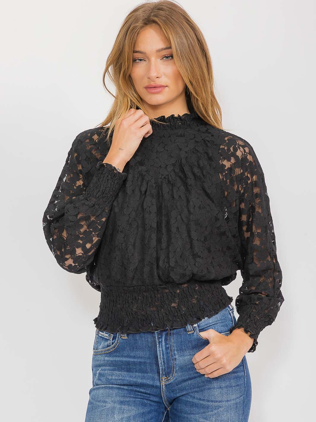 WOMEN'S LONG SLEEVE MOCK NECK LACE BLOUSE