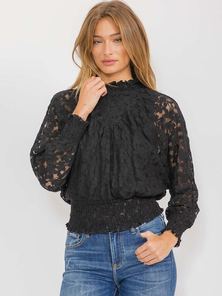 WOMEN'S LONG SLEEVE MOCK NECK LACE BLOUSE
