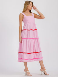 WOMEN'S SLEEVELESS SQUARE NECK SMOCK FRONT POCKETS TIERED MAXI DRESS