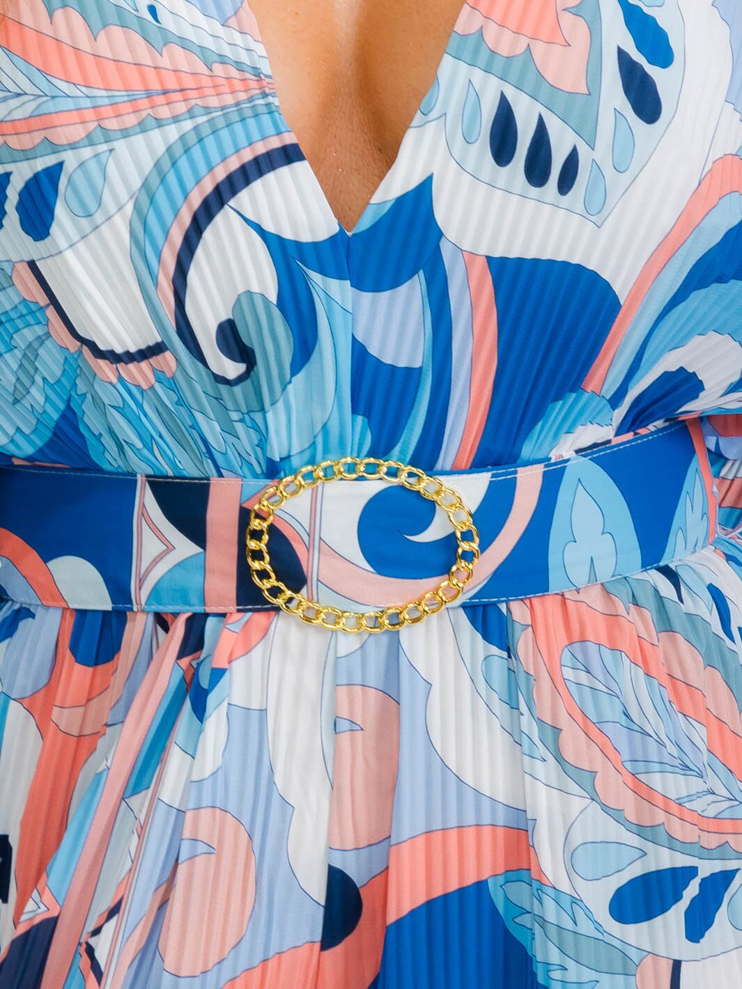 WOMEN'S LONG SLEEVE V-NECK BELTED MULTI PRINT PLEATED WIDE LEG JUMPSUIT