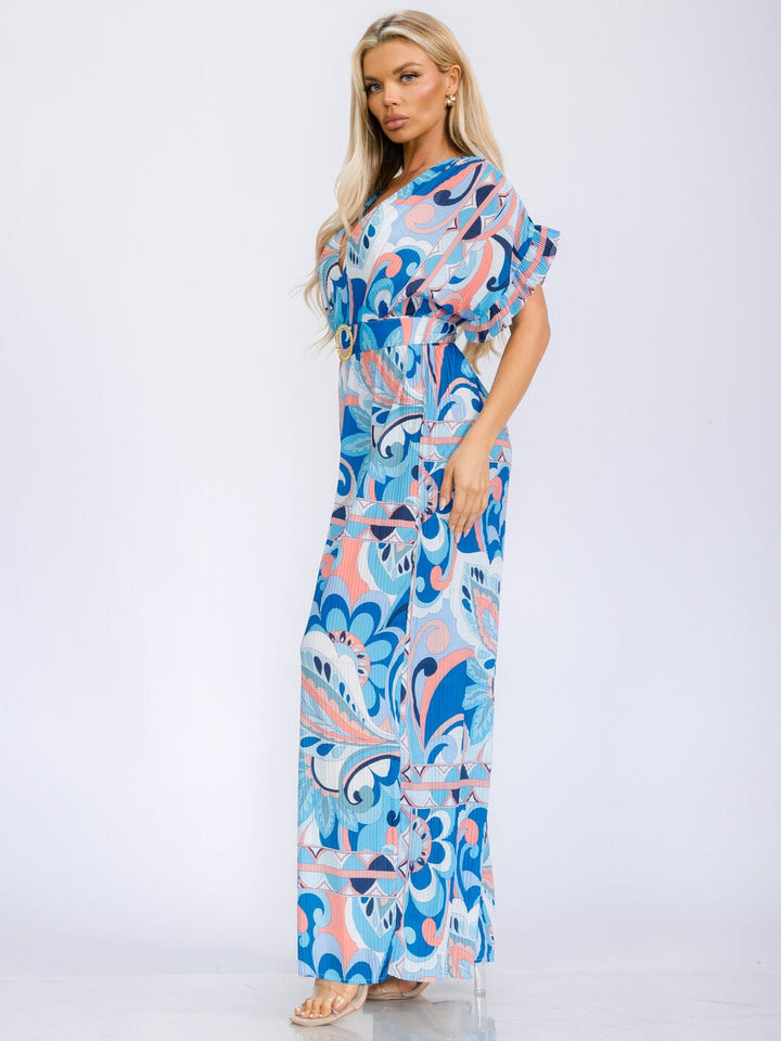 WOMEN'S LONG SLEEVE V-NECK BELTED MULTI PRINT PLEATED WIDE LEG JUMPSUIT