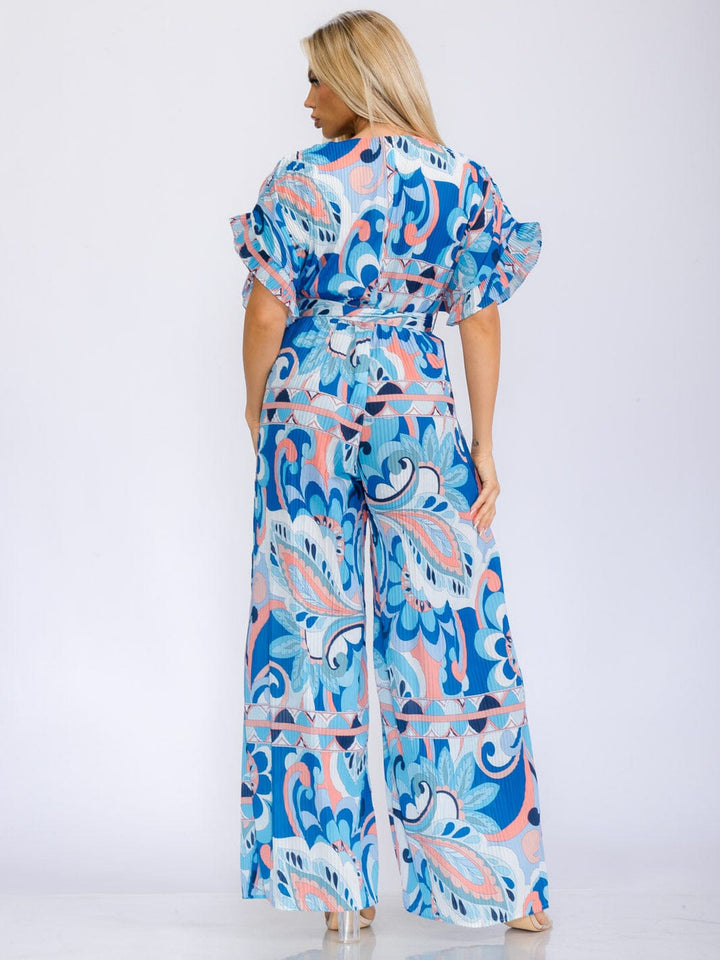 WOMEN'S LONG SLEEVE V-NECK BELTED MULTI PRINT PLEATED WIDE LEG JUMPSUIT
