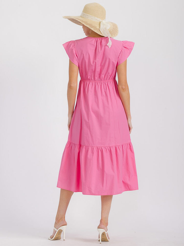WOMEN'S RUFFLE SLEEVES V-NECK ELASTIC WAIST FRONT POCKETS TIERED MIDI DRESS