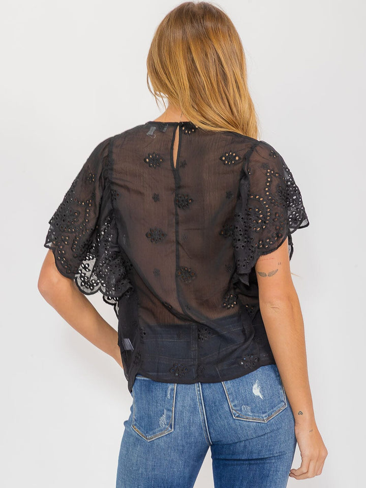 WOMEN'S SHORT SLEEVE EYELET DETAILED BLOUSE