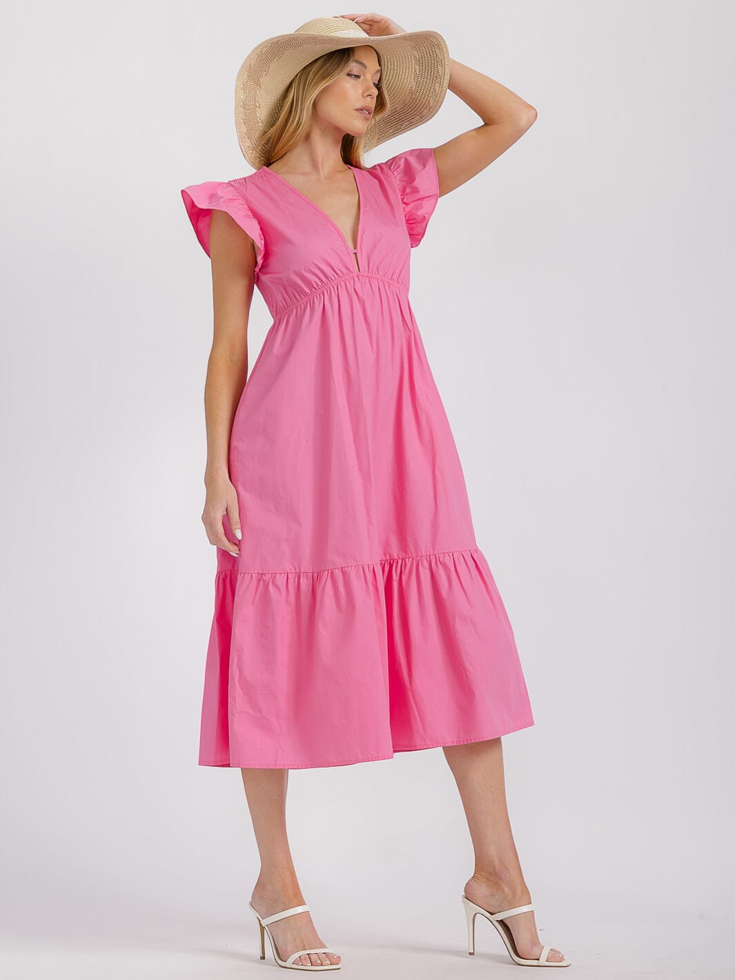 WOMEN'S RUFFLE SLEEVES V-NECK ELASTIC WAIST FRONT POCKETS TIERED MIDI DRESS