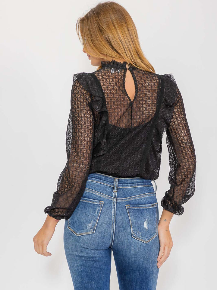 WOMEN'S LONG SLEEVE RUFFLE LACE BODYSUIT