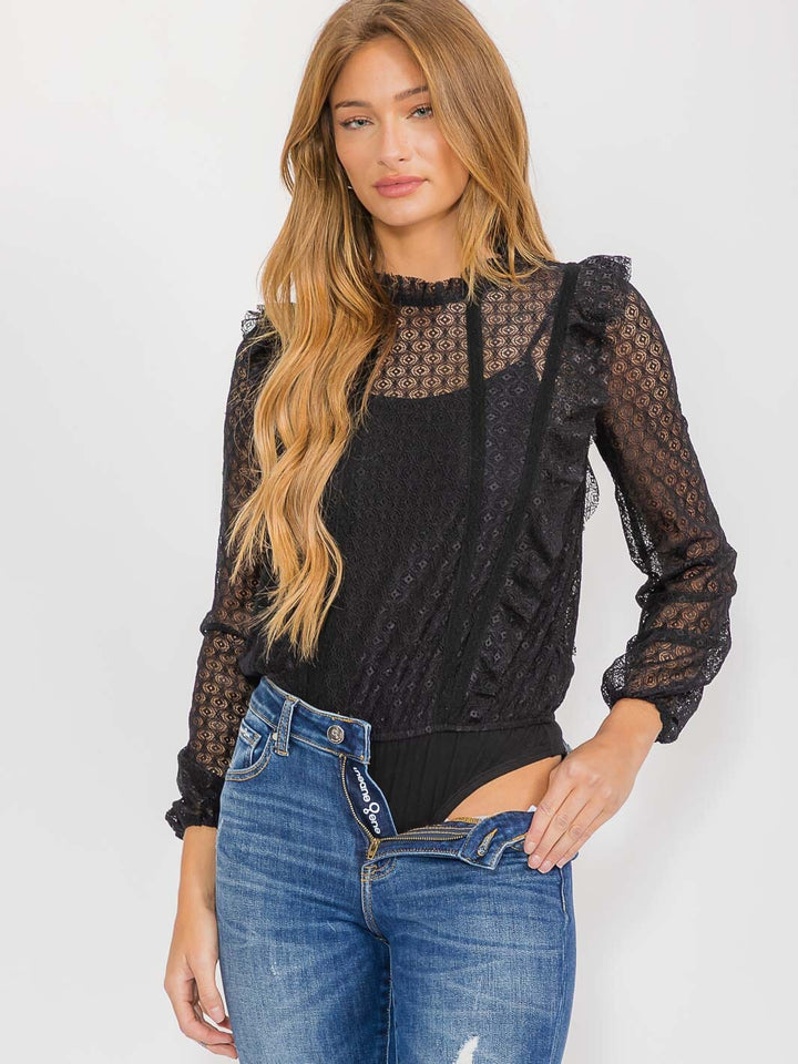 WOMEN'S LONG SLEEVE RUFFLE LACE BODYSUIT