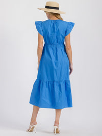 WOMEN'S RUFFLE SLEEVES V-NECK ELASTIC WAIST FRONT POCKETS TIERED MIDI DRESS