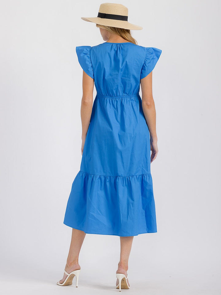 WOMEN'S RUFFLE SLEEVES V-NECK ELASTIC WAIST FRONT POCKETS TIERED MIDI DRESS