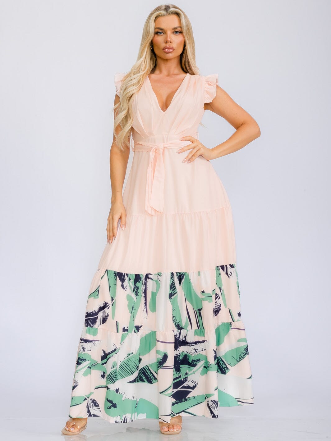 WOMEN'S RUFFLE SLEEVE V-NECK SELF TIE LEAF PRINT MAXI DRESS