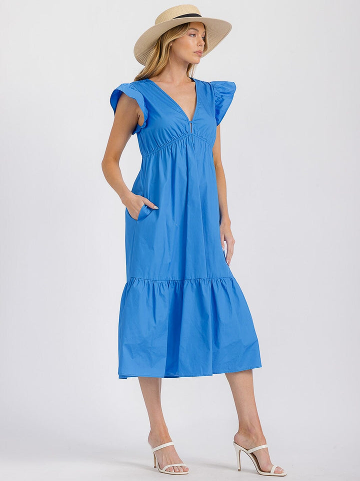 WOMEN'S RUFFLE SLEEVES V-NECK ELASTIC WAIST FRONT POCKETS TIERED MIDI DRESS