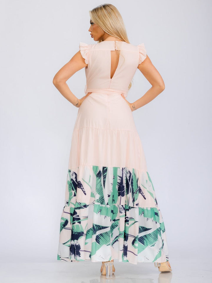 WOMEN'S RUFFLE SLEEVE V-NECK SELF TIE LEAF PRINT MAXI DRESS