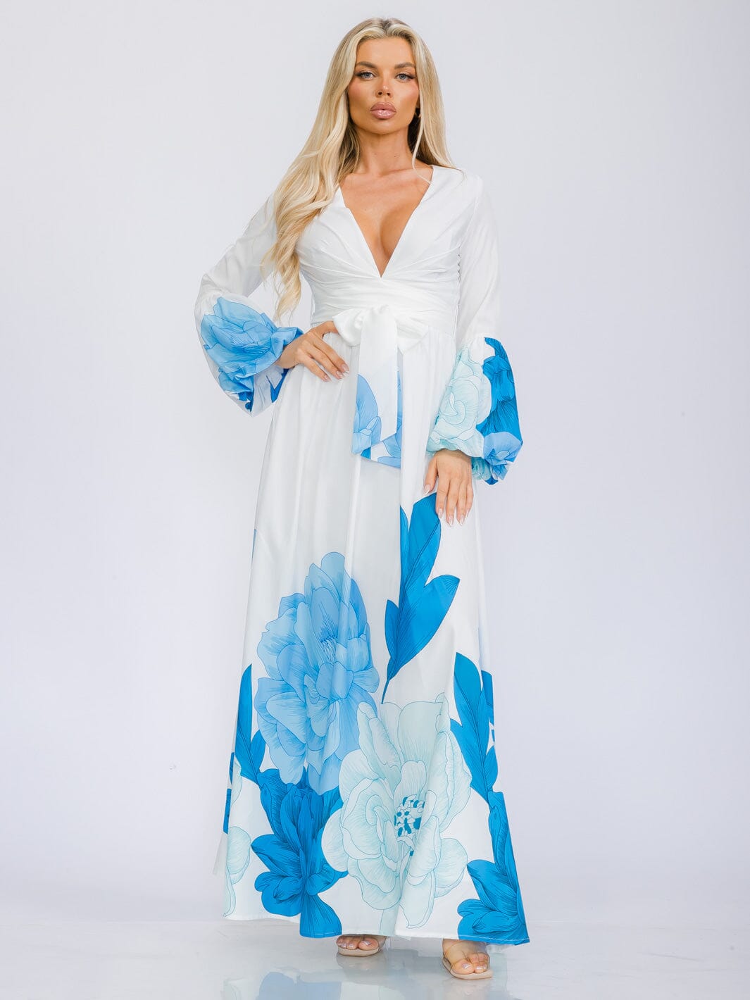 WOMEN'S LONG BELL SLEEVE V-NECK SELF TIE FLORAL PRINT MAXI DRESS