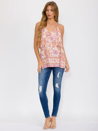 WOMEN'S SLEEVELESS V-NECK RUFFLE TIERED FLORAL TANK TOP