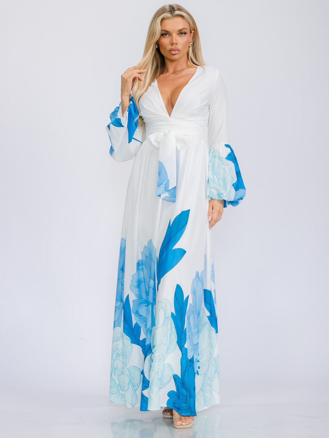 WOMEN'S LONG BELL SLEEVE V-NECK SELF TIE FLORAL PRINT MAXI DRESS