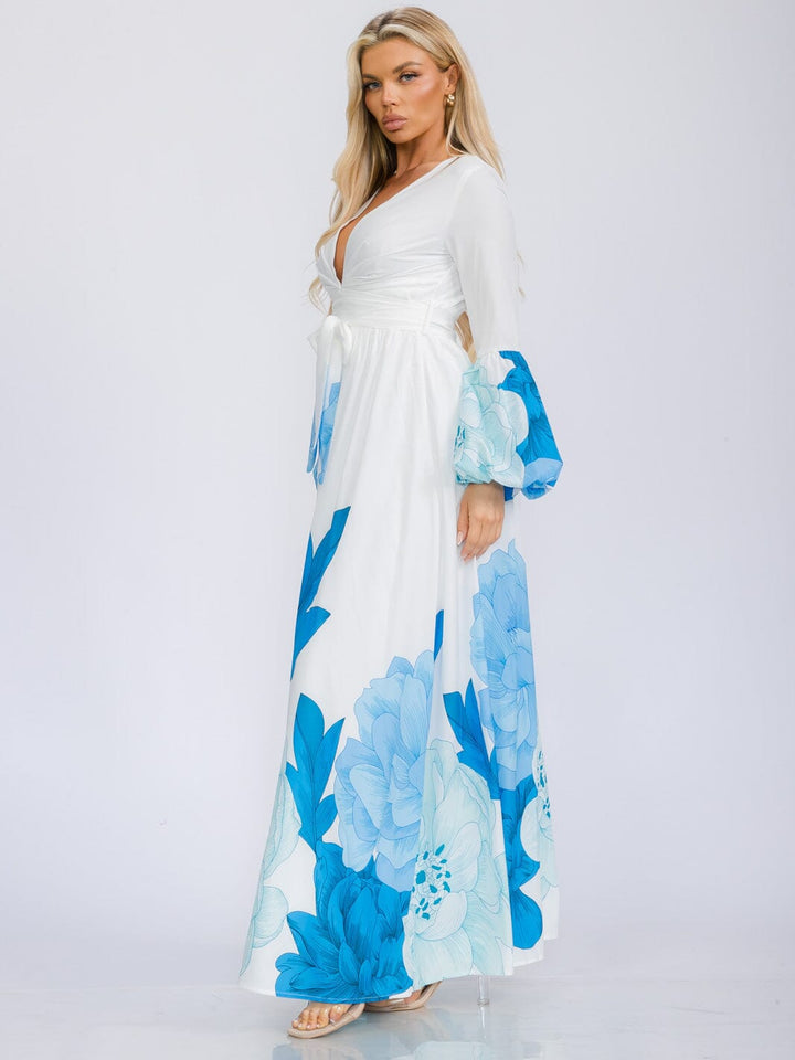 WOMEN'S LONG BELL SLEEVE V-NECK SELF TIE FLORAL PRINT MAXI DRESS