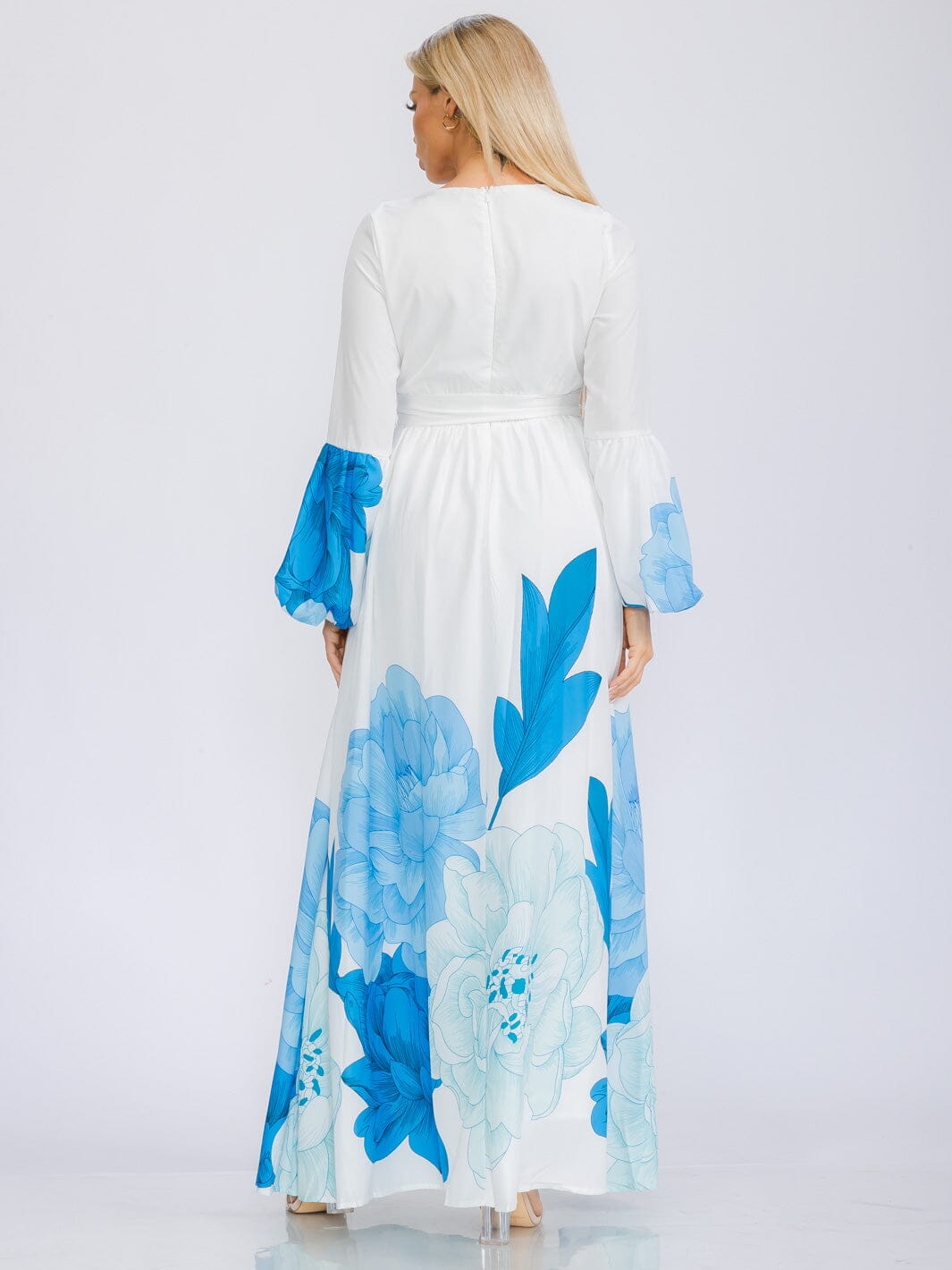 WOMEN'S LONG BELL SLEEVE V-NECK SELF TIE FLORAL PRINT MAXI DRESS