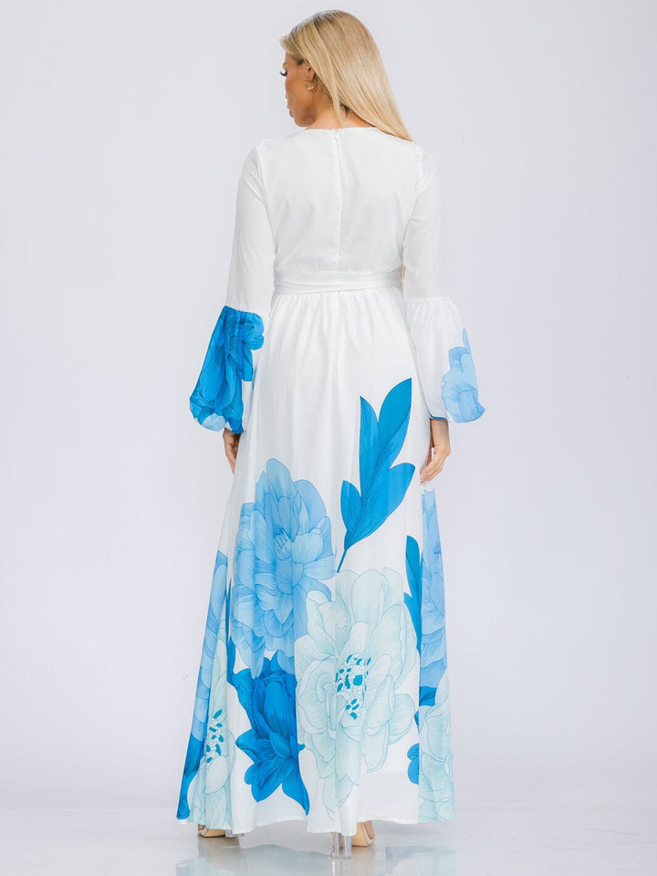 WOMEN'S LONG BELL SLEEVE V-NECK SELF TIE FLORAL PRINT MAXI DRESS