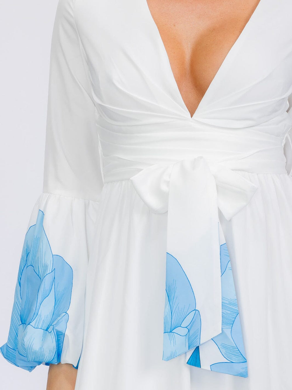 WOMEN'S LONG BELL SLEEVE V-NECK SELF TIE FLORAL PRINT MAXI DRESS