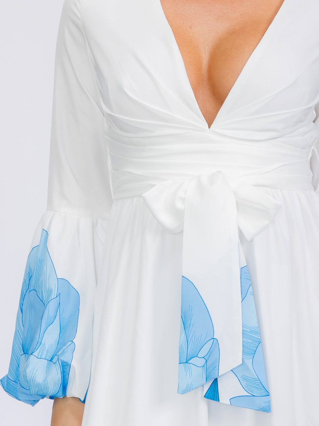 WOMEN'S LONG BELL SLEEVE V-NECK SELF TIE FLORAL PRINT MAXI DRESS