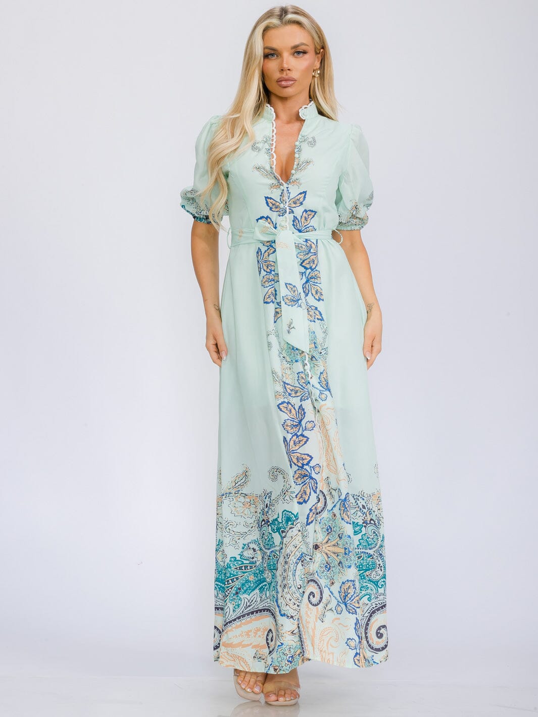 WOMEN'S SHORT SLEEVE V-NECK BUTTON UP MULTI PRINT MAXI DRESS