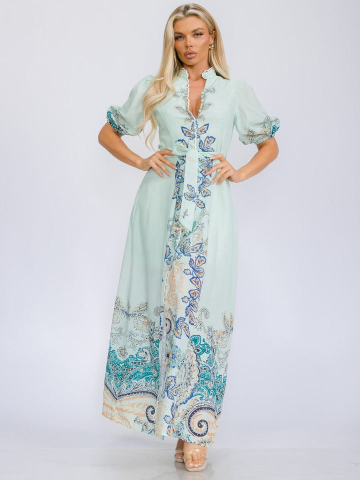 WOMEN'S SHORT SLEEVE V-NECK BUTTON UP MULTI PRINT MAXI DRESS