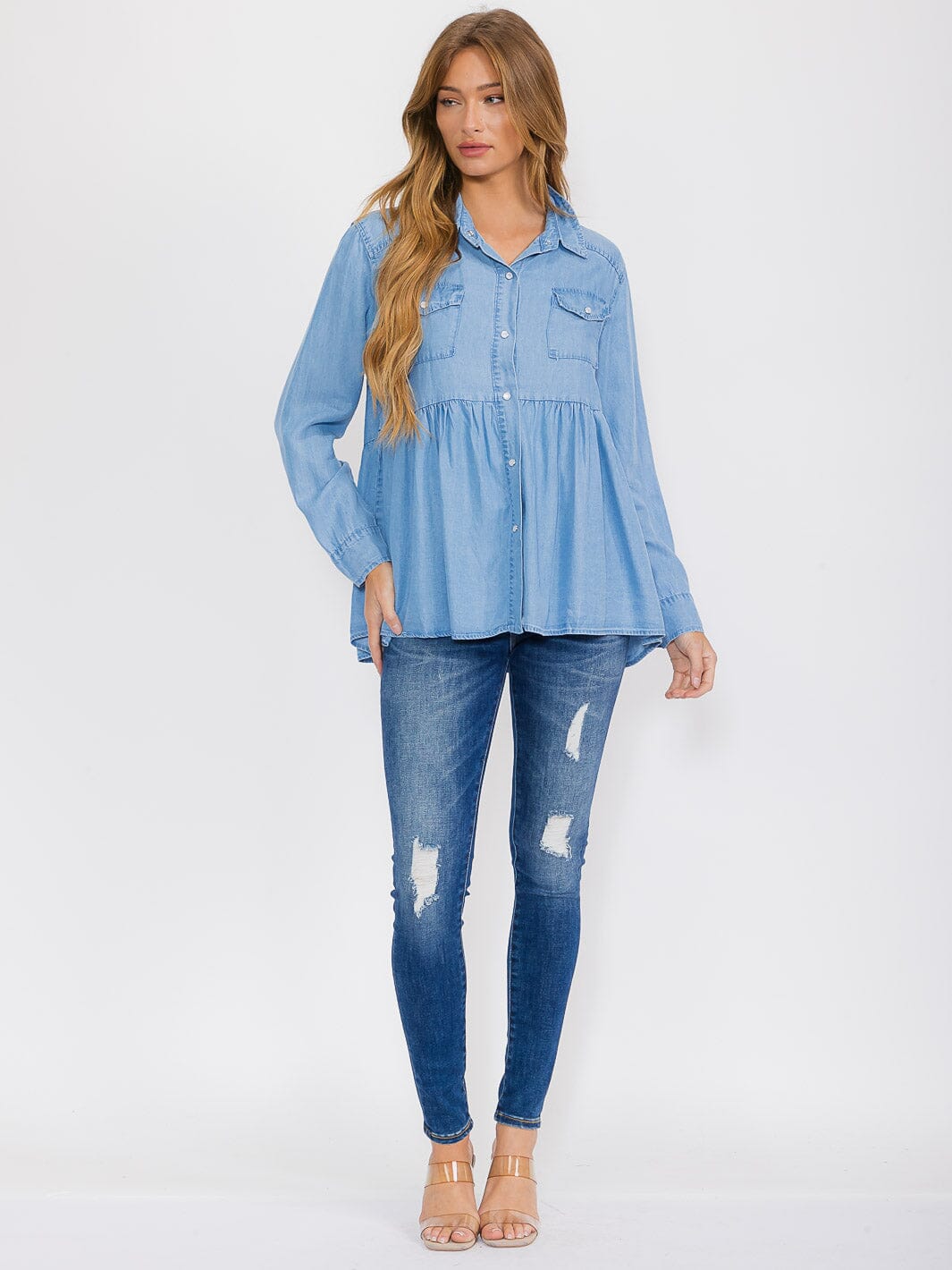 WOMEN'S LONG SLEEVE BUTTON UP POCKETS CHAMBRAY PEPLUM BLOUSE