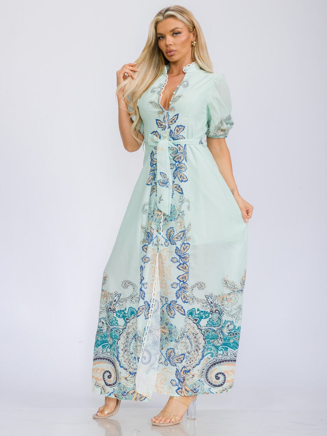 WOMEN'S SHORT SLEEVE V-NECK BUTTON UP MULTI PRINT MAXI DRESS