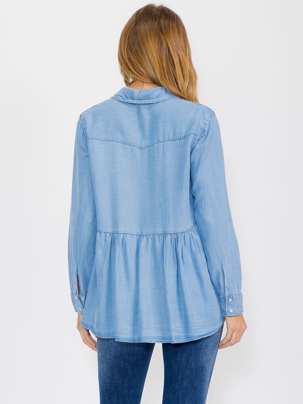 WOMEN'S LONG SLEEVE BUTTON UP POCKETS CHAMBRAY PEPLUM BLOUSE