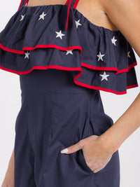 WOMEN'S SLEEVELESS ADJUSTABLE STRAPS FRONT POCKETS RUFFLE STARS PRINT ROMPER