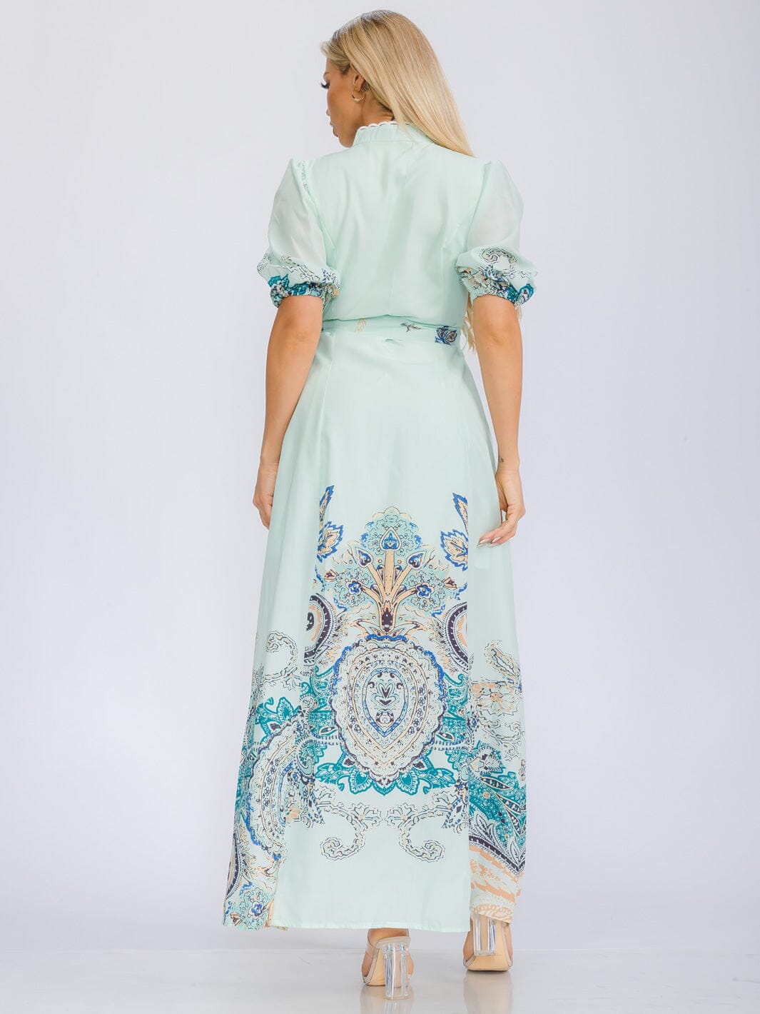 WOMEN'S SHORT SLEEVE V-NECK BUTTON UP MULTI PRINT MAXI DRESS
