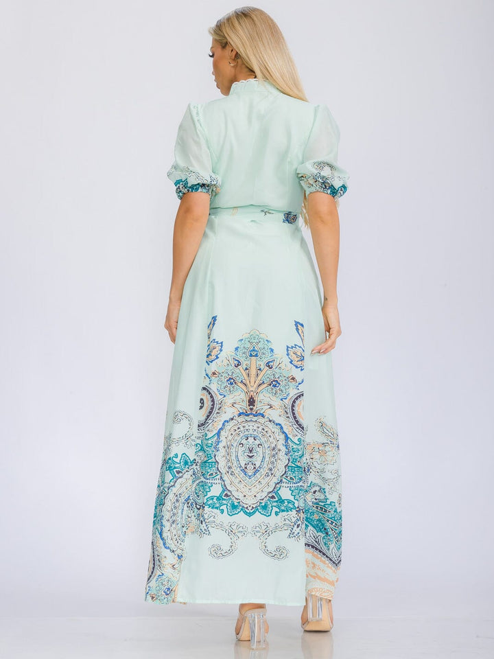 WOMEN'S SHORT SLEEVE V-NECK BUTTON UP MULTI PRINT MAXI DRESS