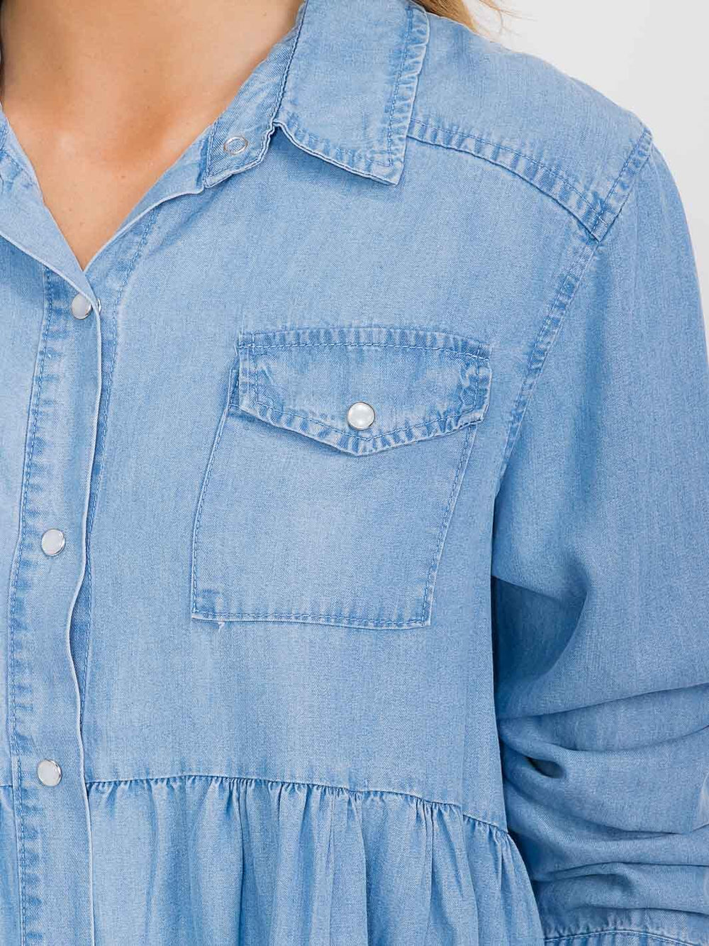 WOMEN'S LONG SLEEVE BUTTON UP POCKETS CHAMBRAY PEPLUM BLOUSE