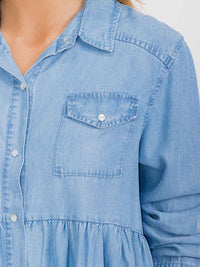 WOMEN'S LONG SLEEVE BUTTON UP POCKETS CHAMBRAY PEPLUM BLOUSE