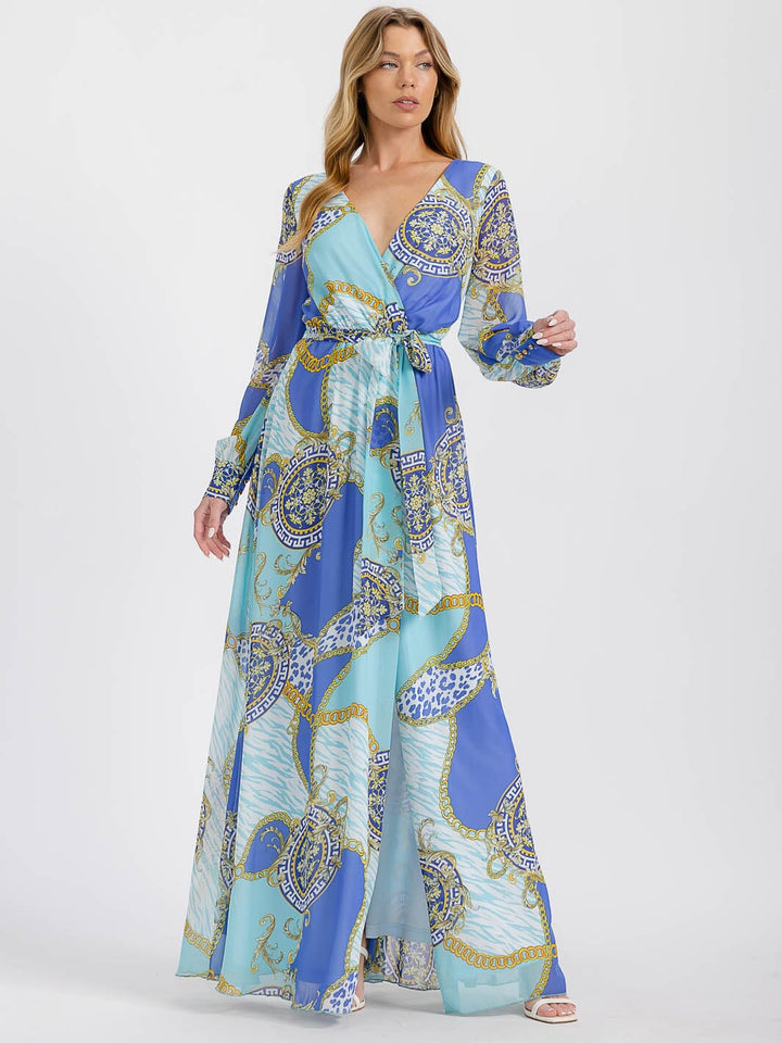 WOMEN'S LONG SLEEVE SURPLICE SELF TIE FRONT SLIT MULTI PRINT MAXI DRESS